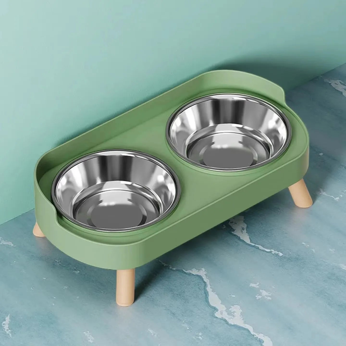 Fashion Pet Food and Water Station Dual Stainless Steel Bowls with Neck Support for Cats and Dogs