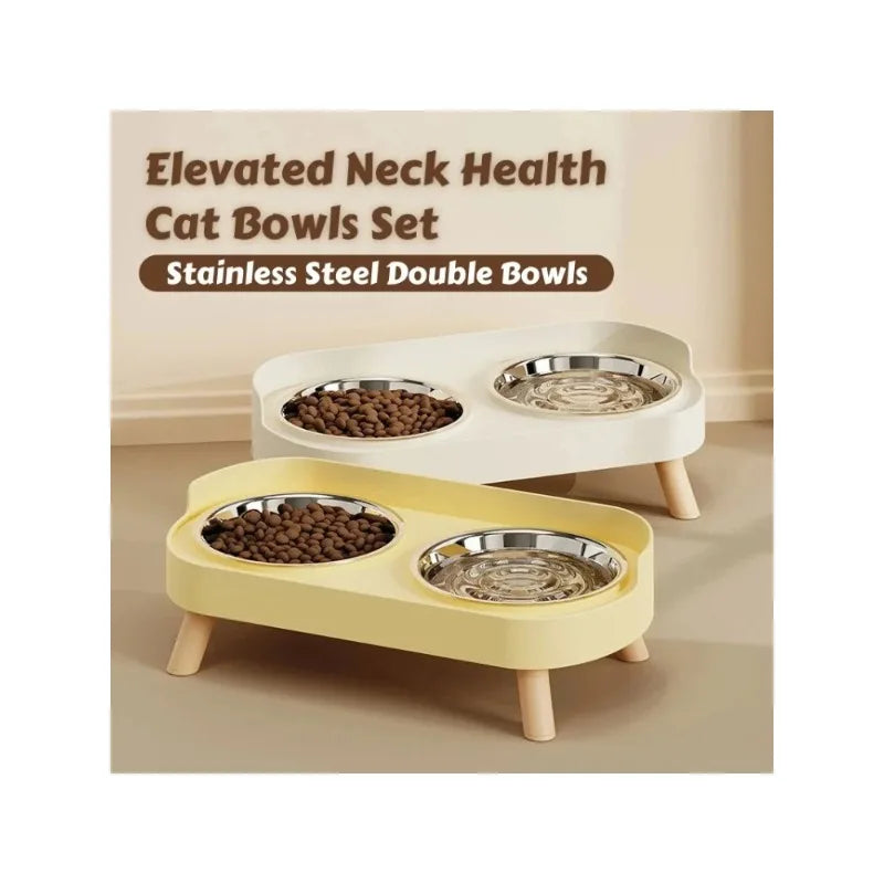 Fashion Pet Food and Water Station Dual Stainless Steel Bowls with Neck Support for Cats and Dogs