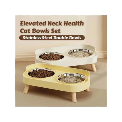 Fashion Pet Food and Water Station Dual Stainless Steel Bowls with Neck Support for Cats and Dogs
