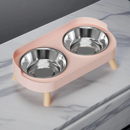 Fashion Pet Food and Water Station Dual Stainless Steel Bowls with Neck Support for Cats and Dogs