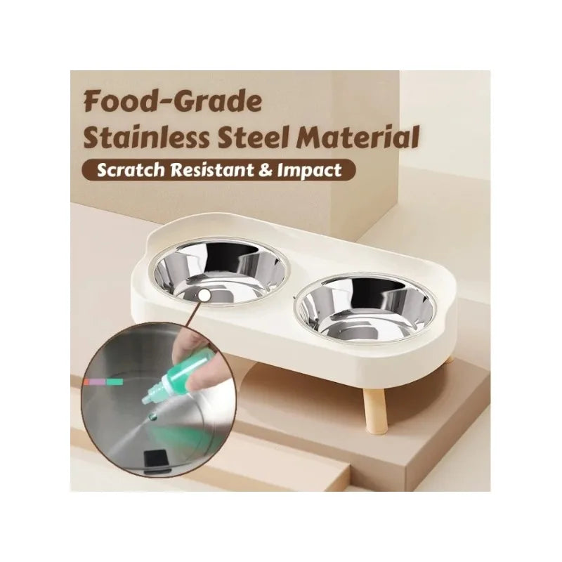 Fashion Pet Food and Water Station Dual Stainless Steel Bowls with Neck Support for Cats and Dogs